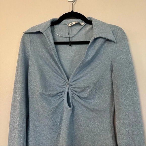 Zara Button Front Ruched Cutout Long Sleeve Light Blue Sparkle Top Size M NWOT - Picture 3 of 9
